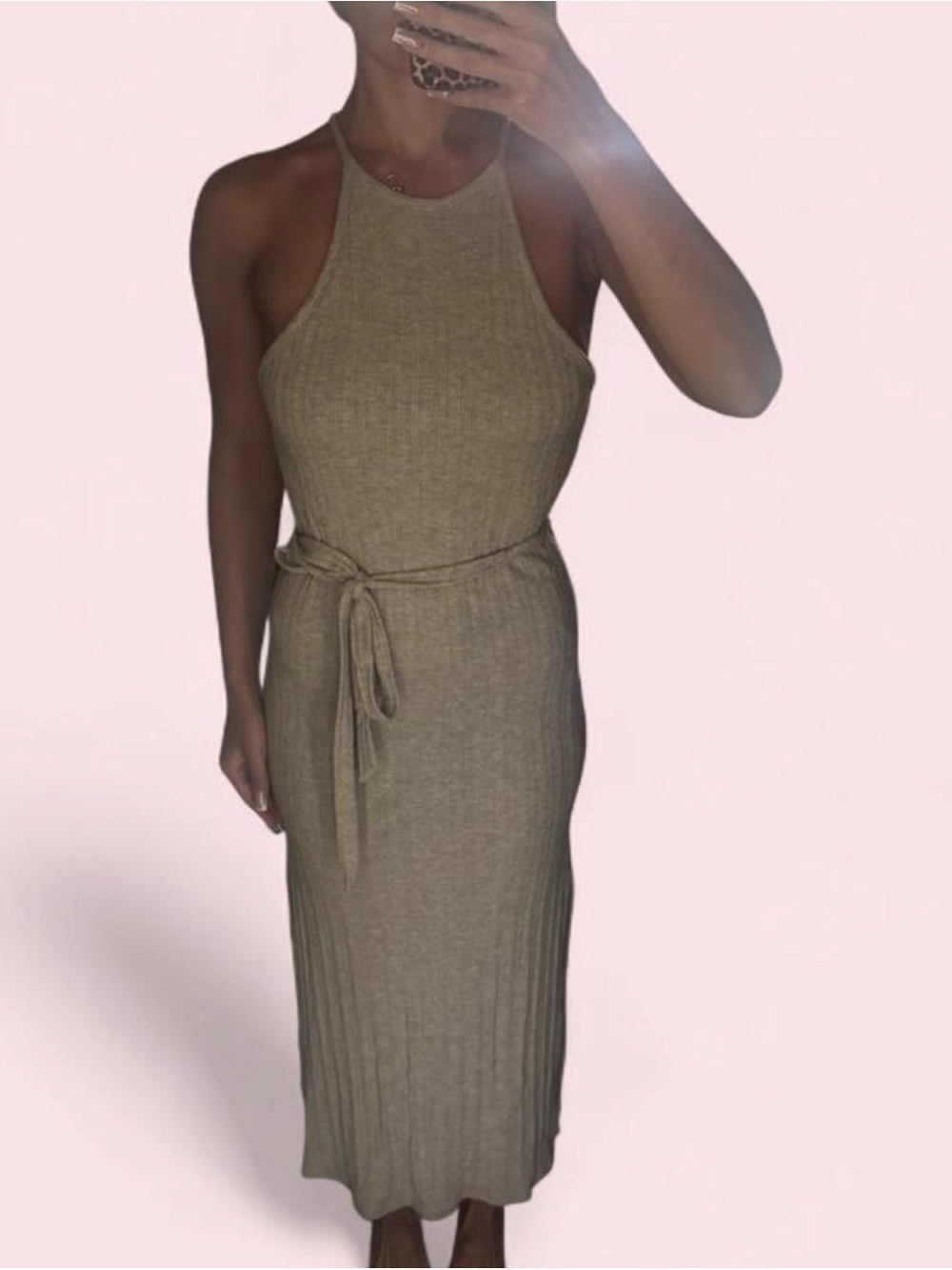 AMADI Anthropologie Cream Tan Knit Midi Dress Side Slits